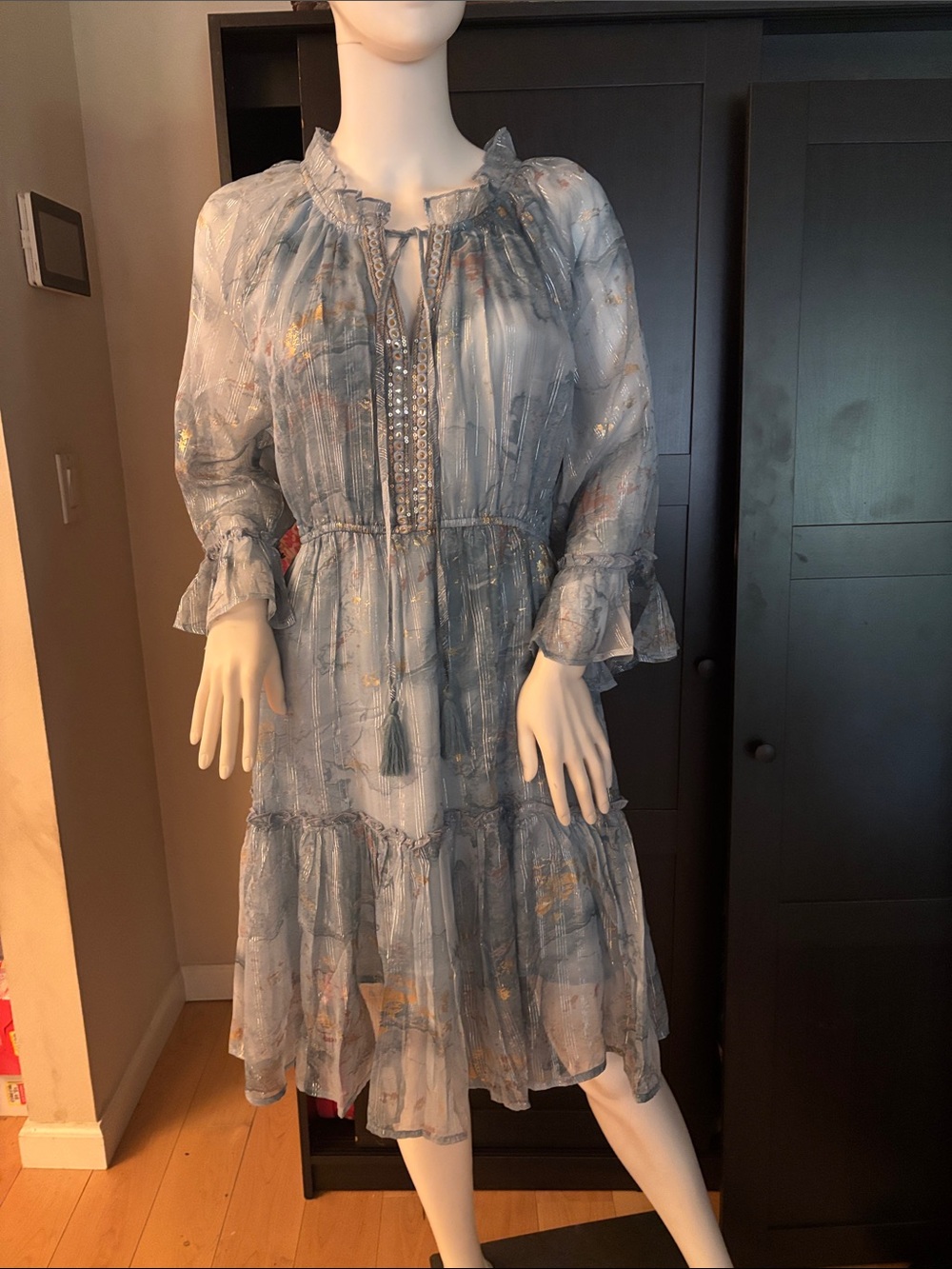 Debbie Katz  South Beach Light Blue Metallic Floral Tiered Midi Dress